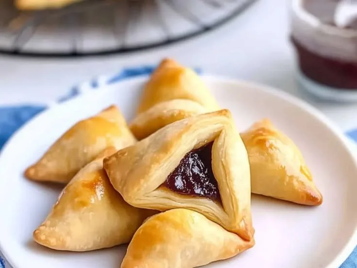 Delicious Hamentashen pastries filled with fruit preserves and showcased beautifully.