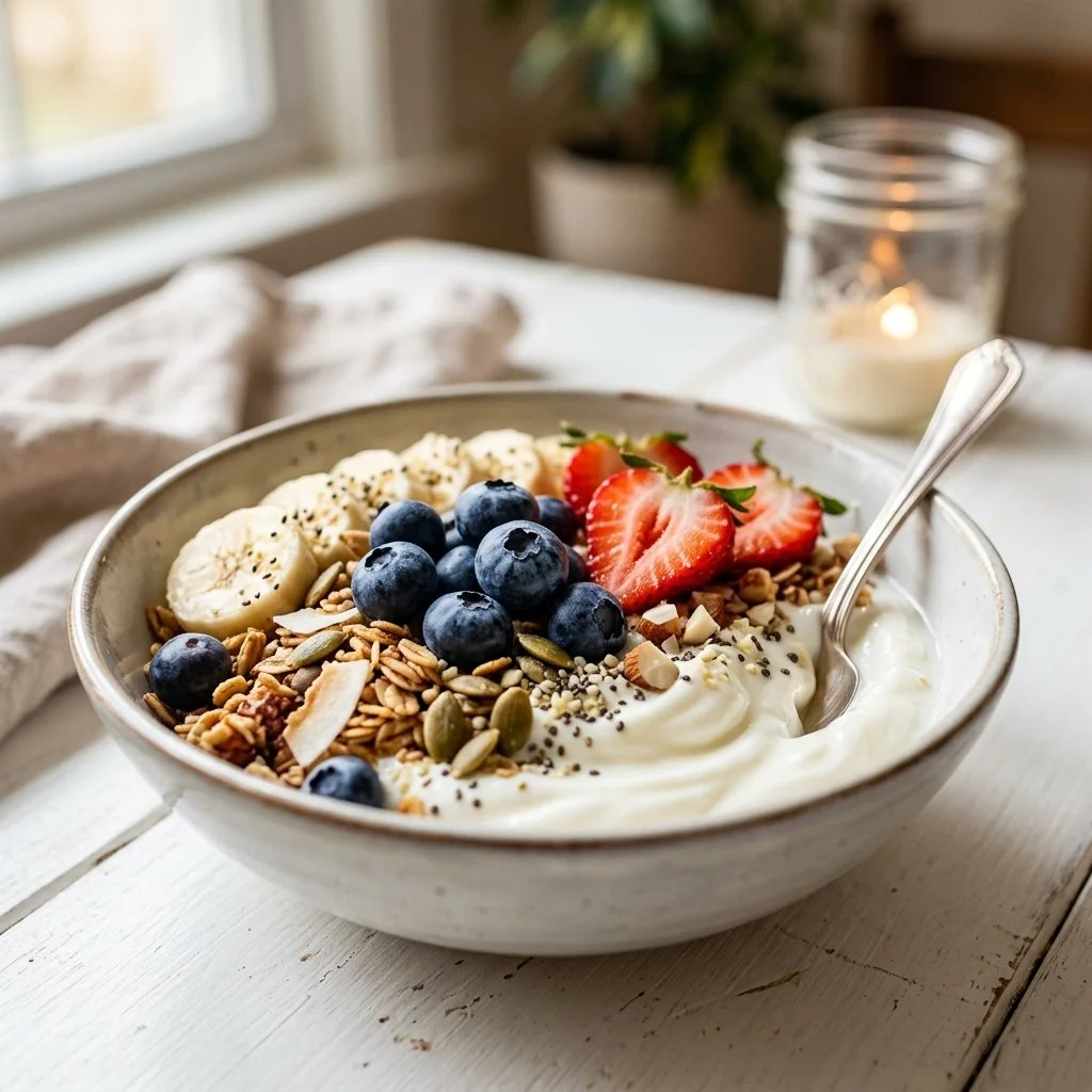 Healthy breakfast bowl filled with fresh fruits, granola, and yogurt