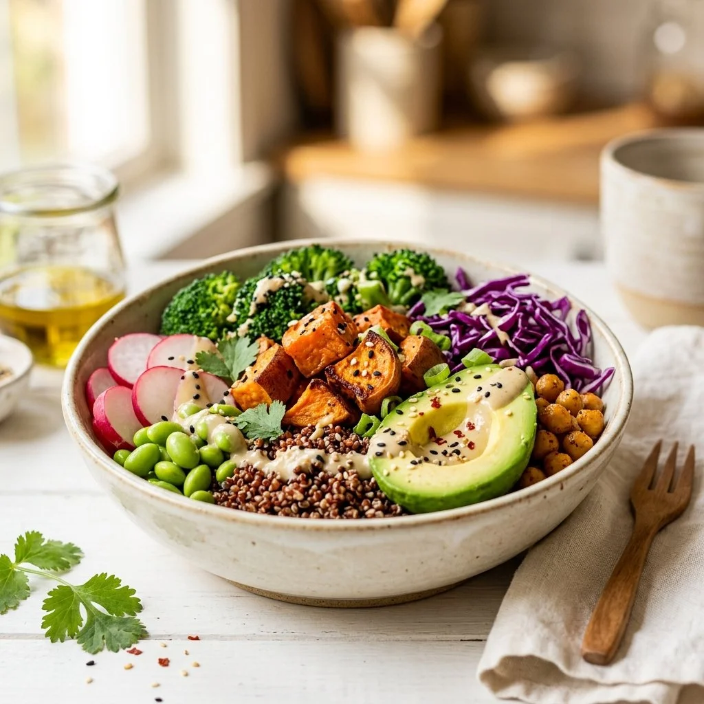 Healthy buddha bowl with colorful vegetables and grains