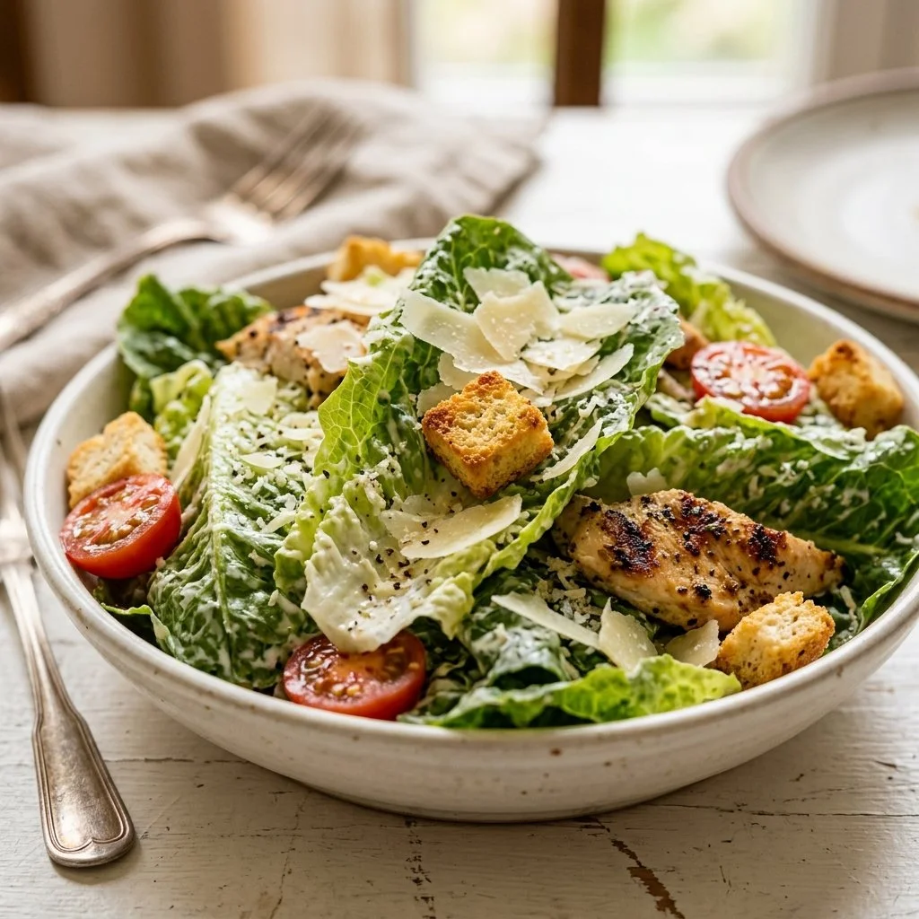 Healthy Caesar salad with fresh greens, croutons, and a light dressing