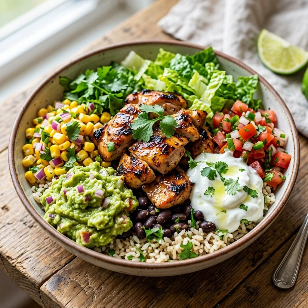 Healthy chicken burrito bowl with fresh vegetables and rice