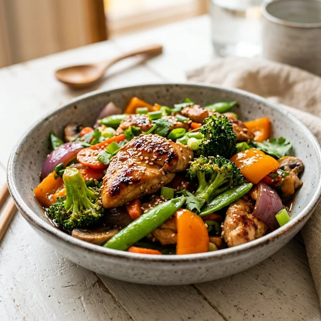 Healthy chicken stir fry with colorful vegetables in a skillet