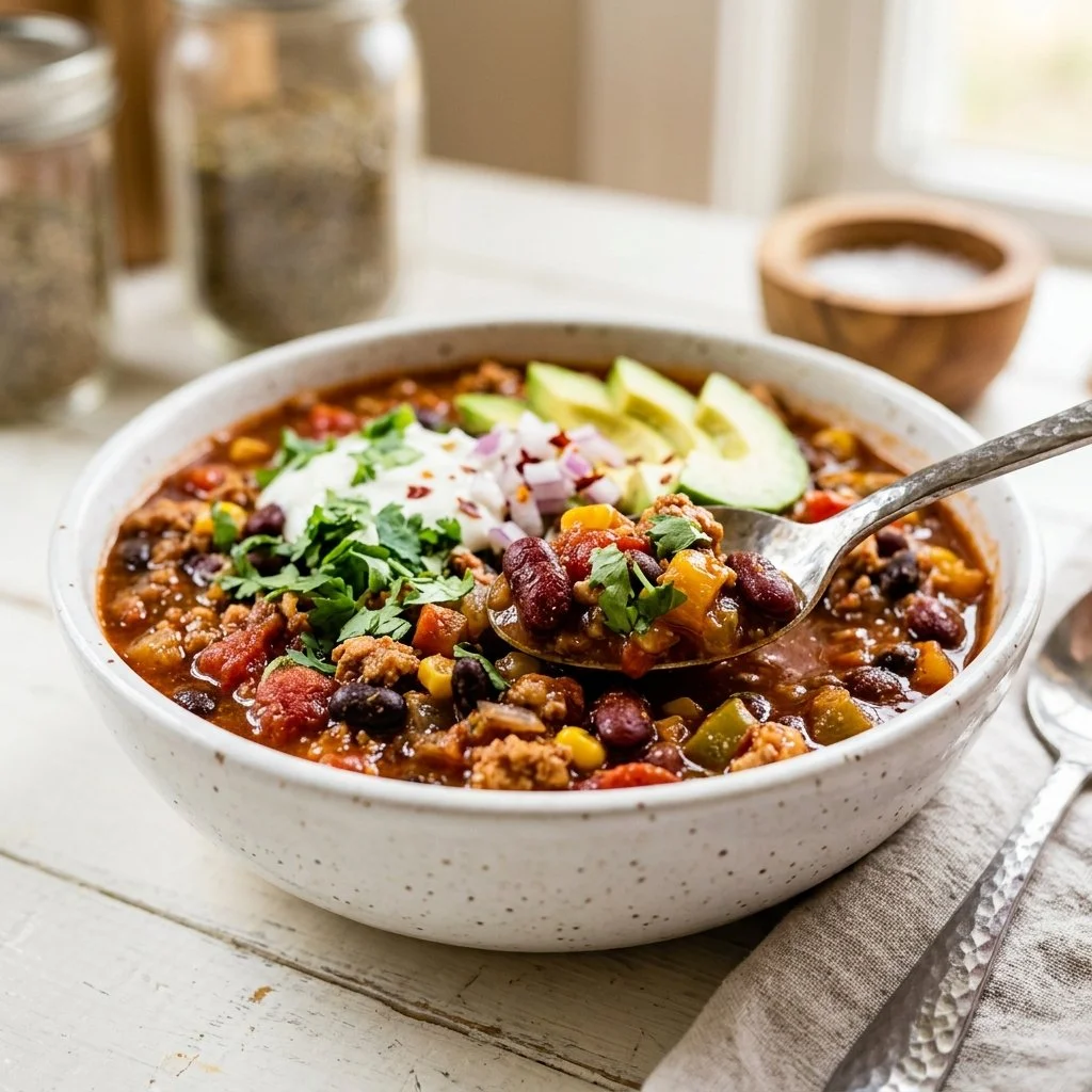 Bowl of healthy chili recipe topped with fresh herbs and spices.