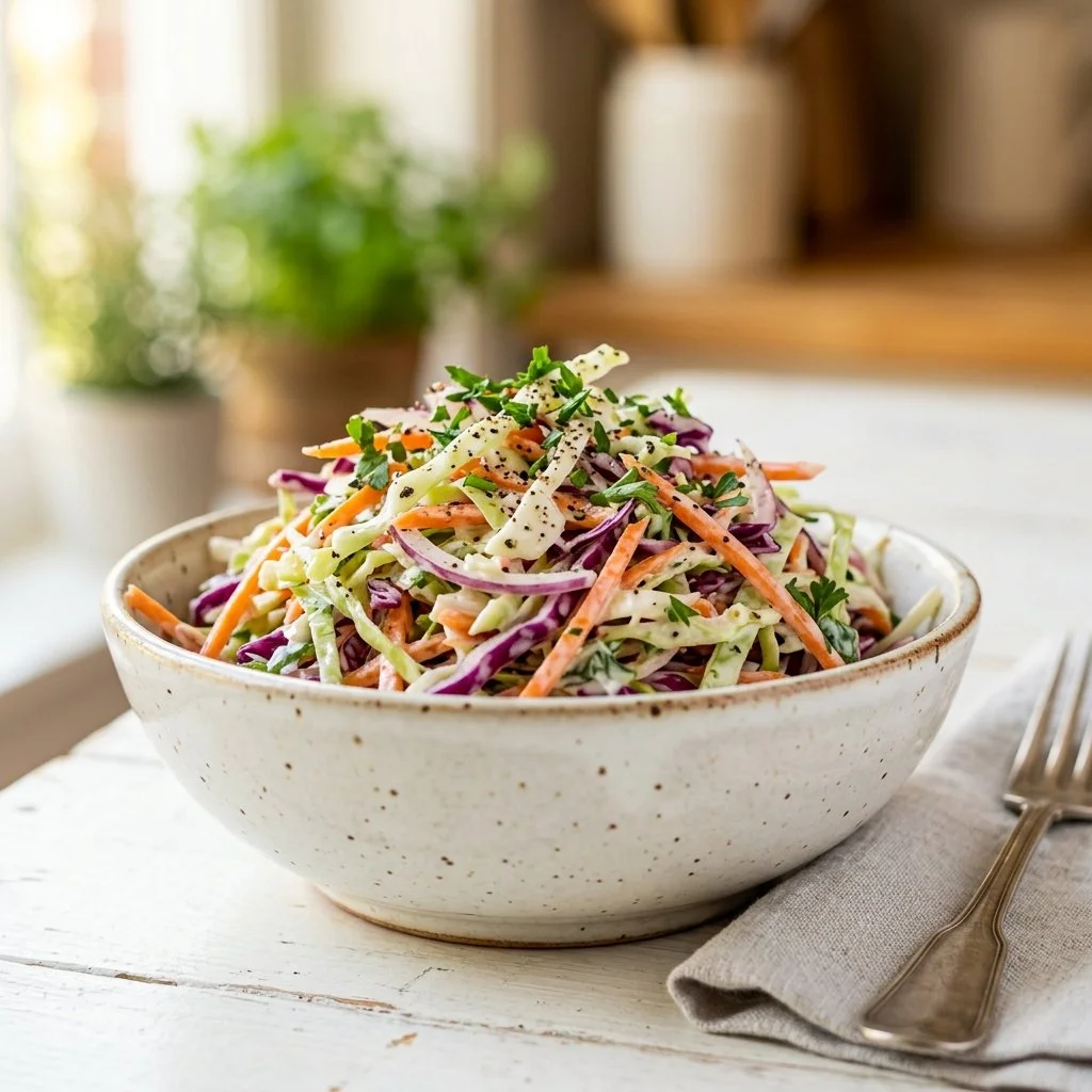 Healthy coleslaw recipe with fresh vegetables and a tangy dressing
