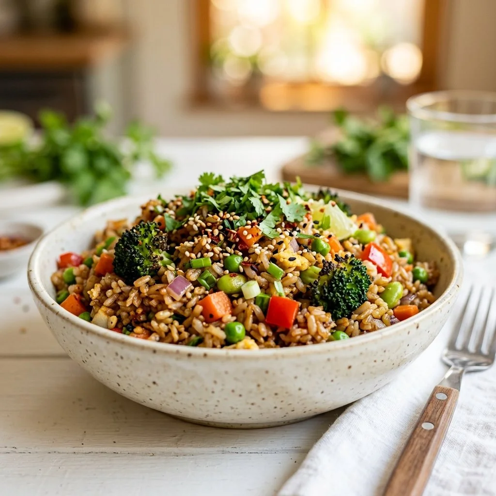A bowl of healthy fried rice with colorful vegetables and spices