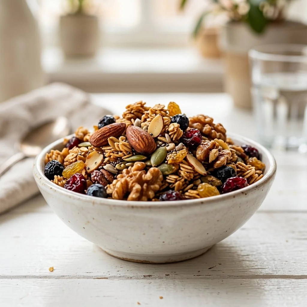 Bowl of homemade healthy granola recipe with nuts and dried fruits