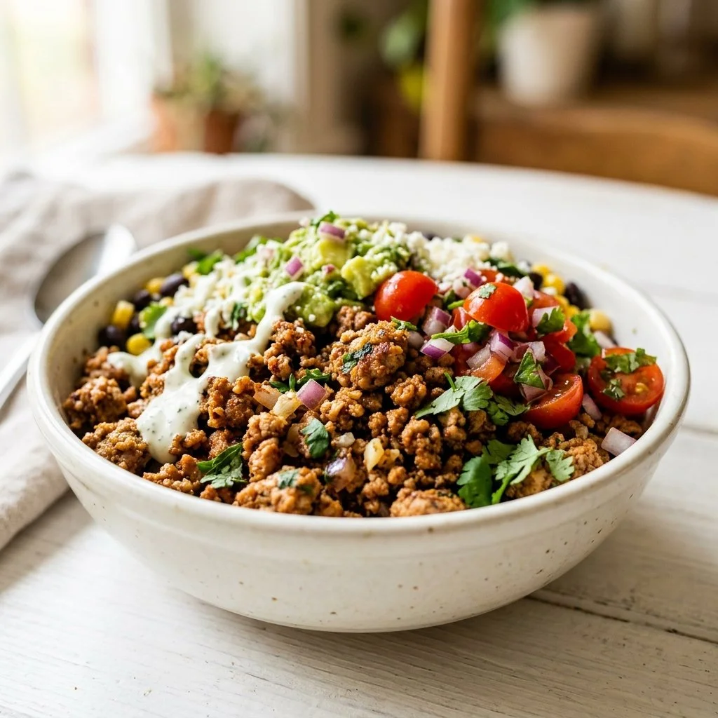 Healthy ground turkey dish garnished with fresh herbs and served in a bowl