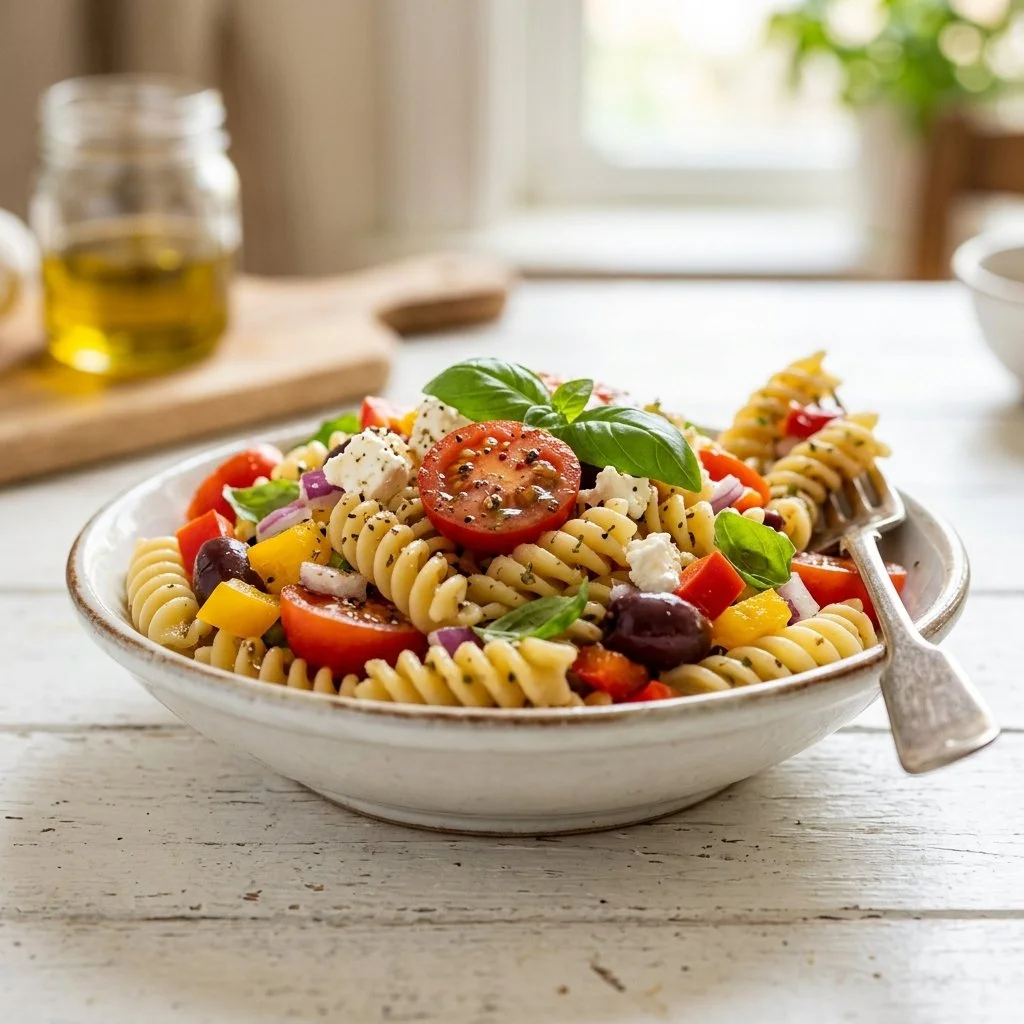 Healthy pasta salad recipe with fresh vegetables and a light dressing