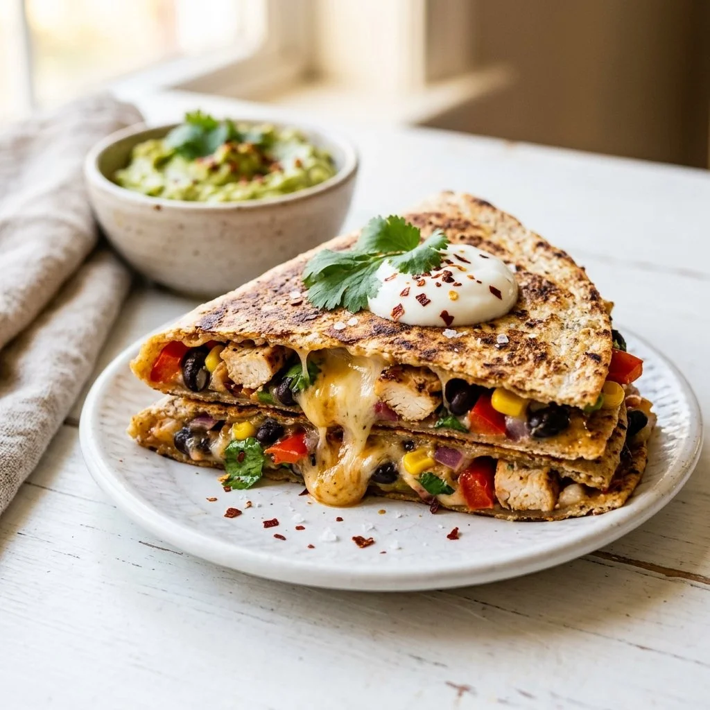 Delicious healthy quesadilla with fresh ingredients and melted cheese