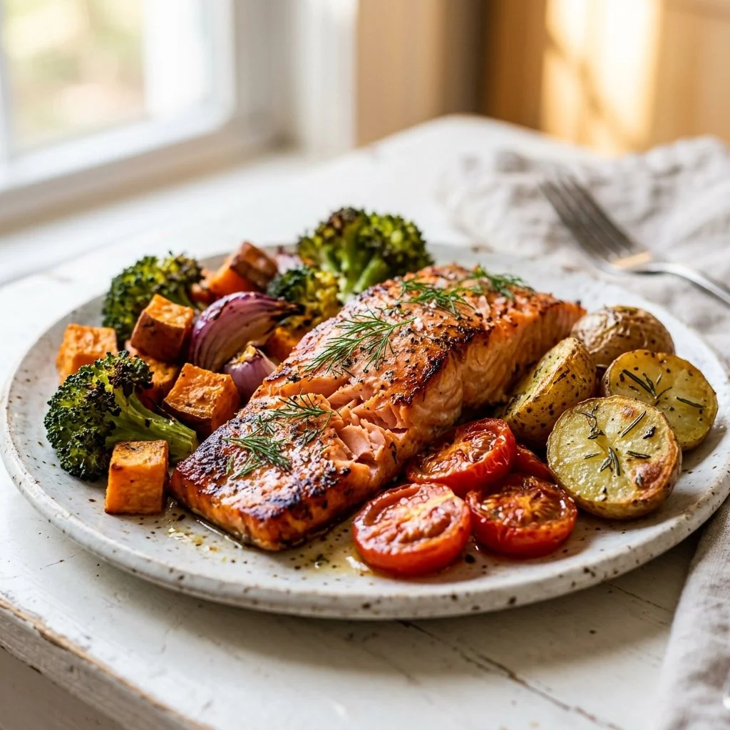 Colorful healthy sheet pan dinner with vegetables and protein.