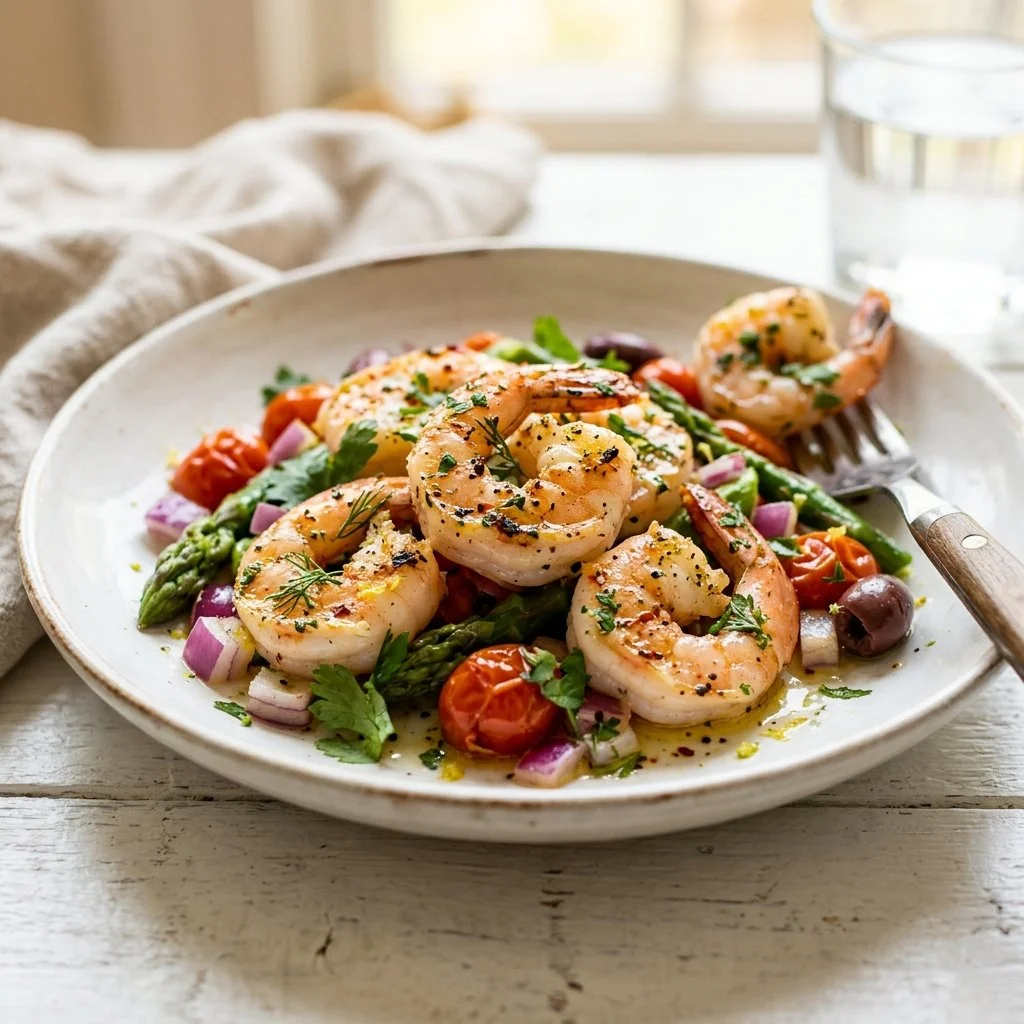 Healthy shrimp recipe with colorful vegetables and spices