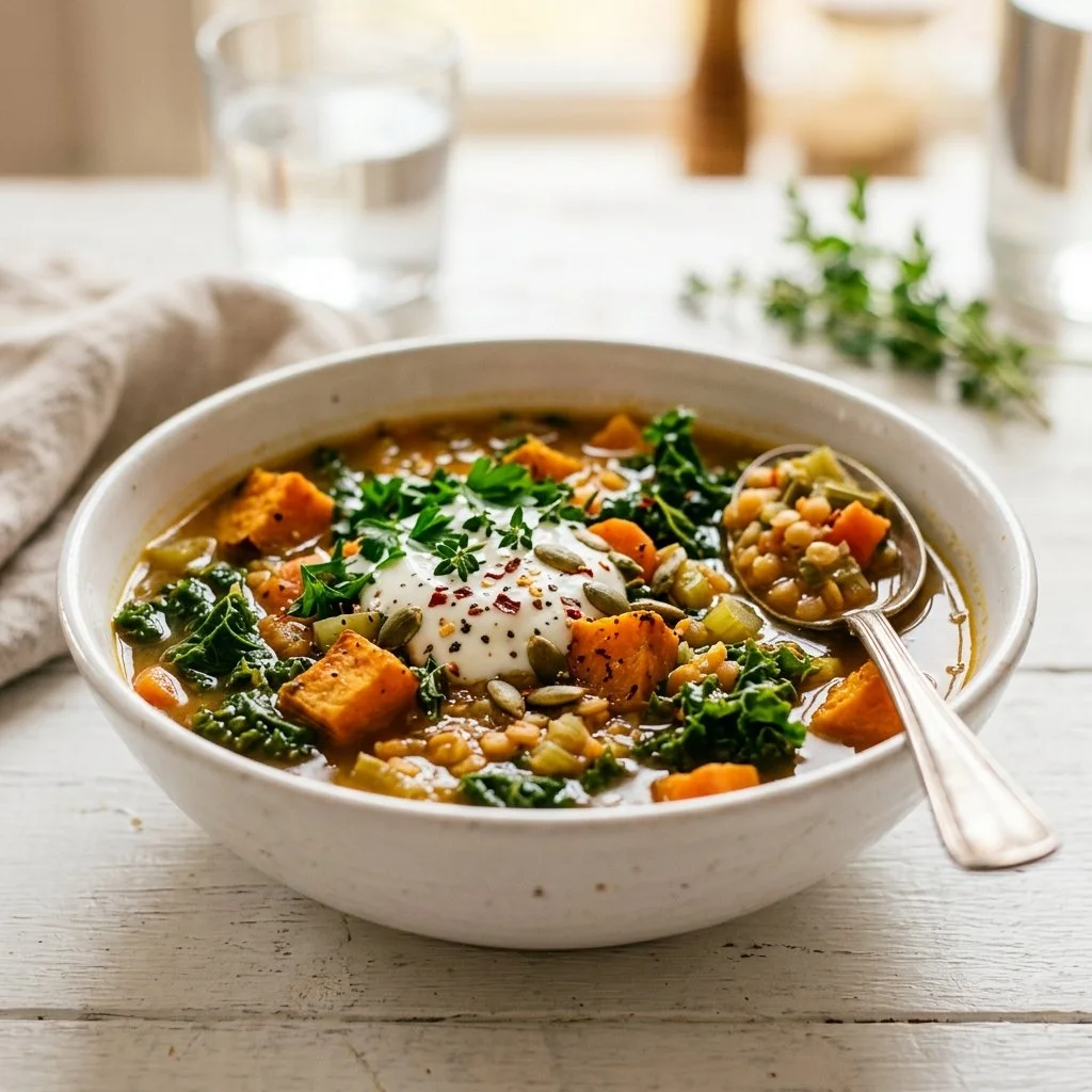 A bowl of healthy soup with vegetables and herbs
