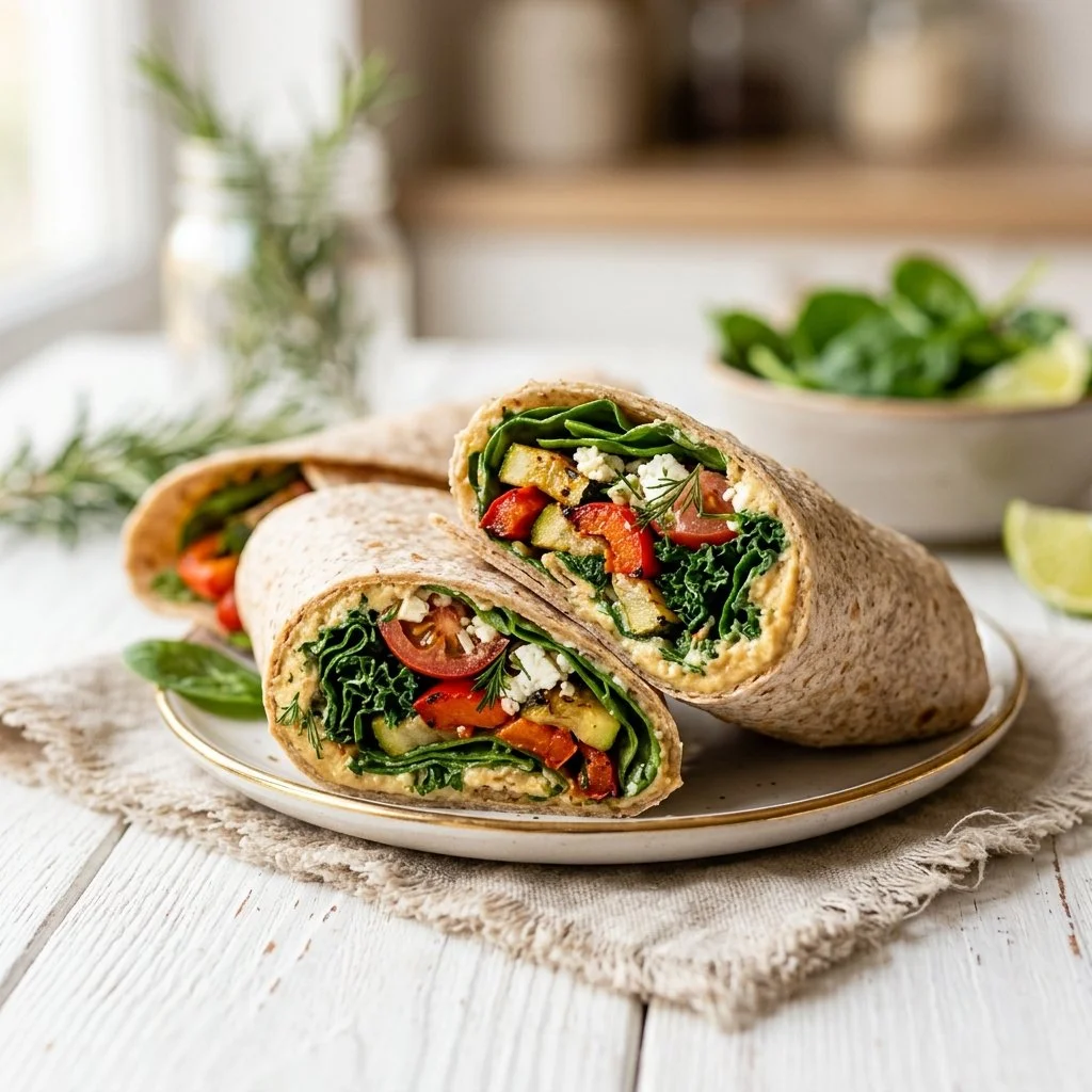 A colorful plate of healthy wraps filled with fresh vegetables and lean proteins.