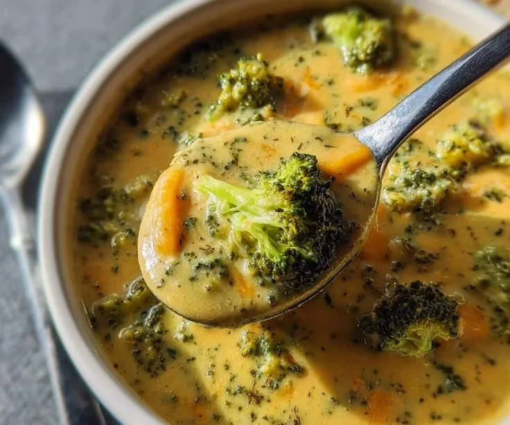 A bowl of high protein broccoli cheddar soup topped with cheese and broccoli.