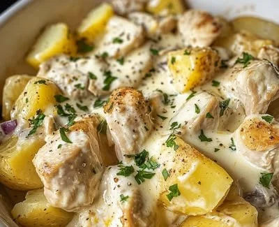 High-protein creamy garlic cheesy chicken and potatoes dish served on a plate