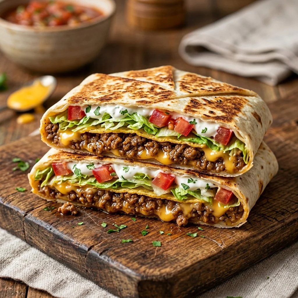 Homemade Crunchwrap Supreme filled with fresh ingredients and crispy tortilla