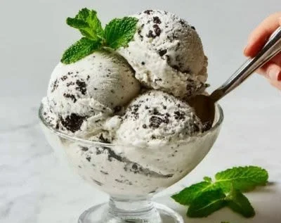 Bowls of homemade mint chocolate chip ice cream with chocolate chips and mint leaves