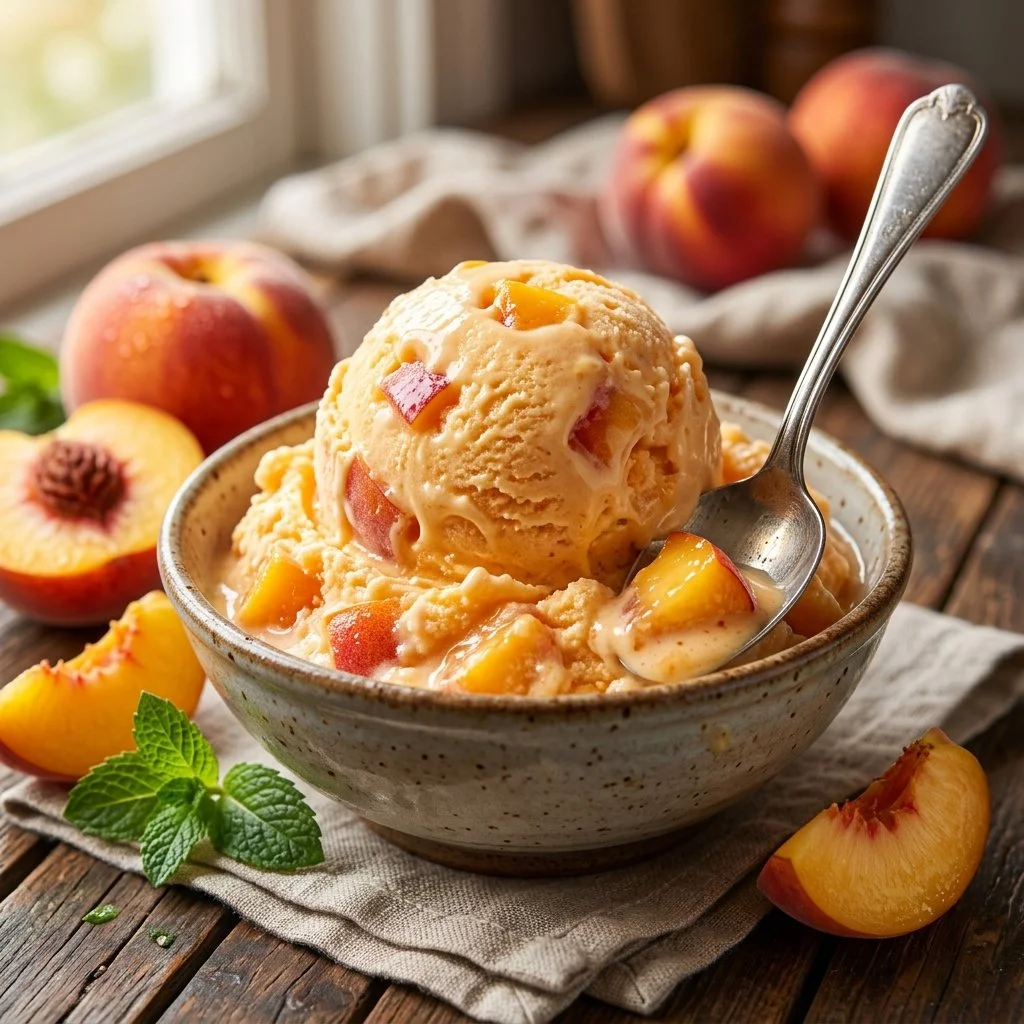 Delicious homemade peach ice cream served in a bowl with fresh peach slices.