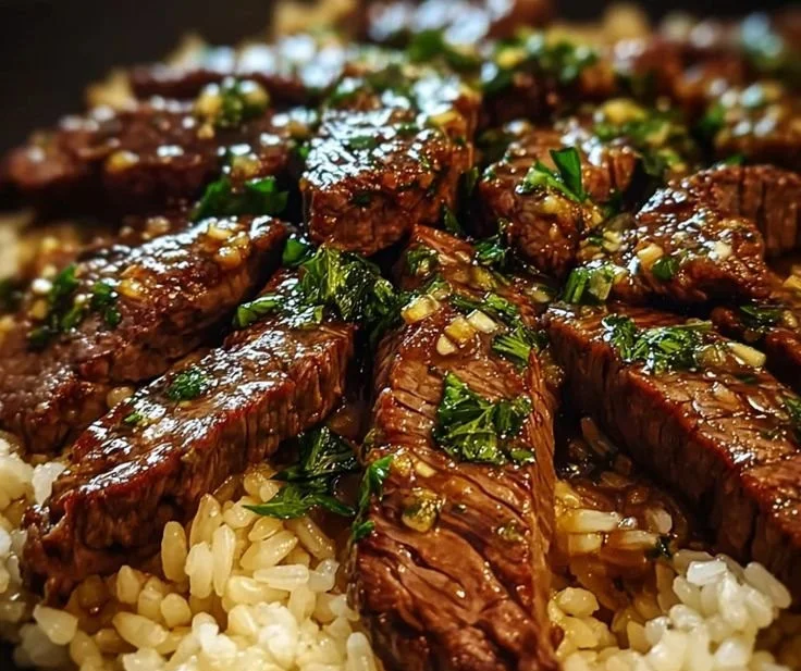Honey garlic butter steak skillet served with rice on a plate