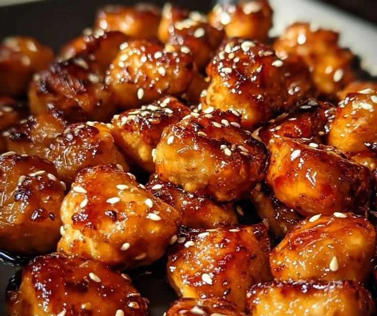 Plate of Honey Garlic Chicken Bites with sweet and smoky glaze