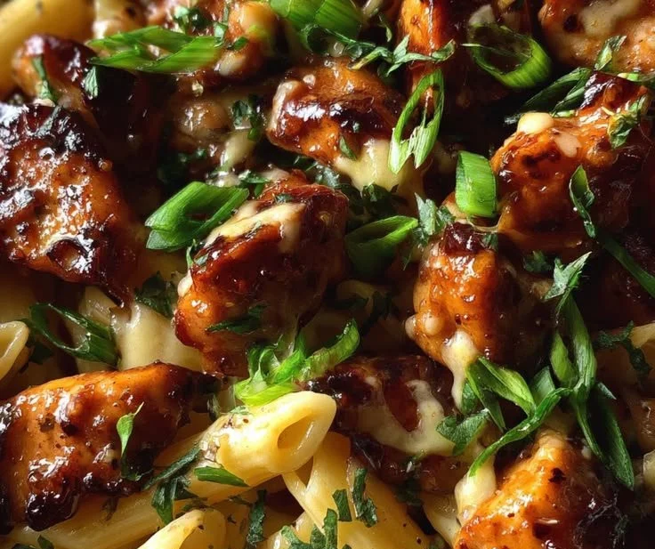 Honey-glazed pepper jack chicken pasta in a creamy sauce with toppings.