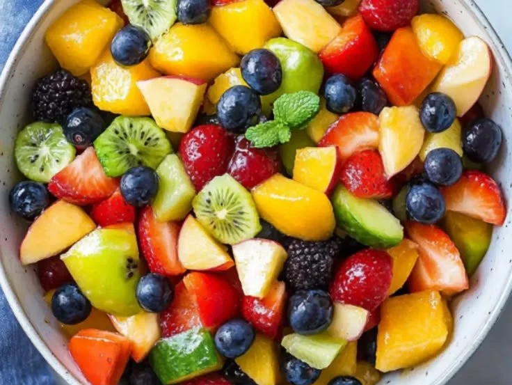 Colorful honey lime rainbow fruit salad with assorted fresh fruits