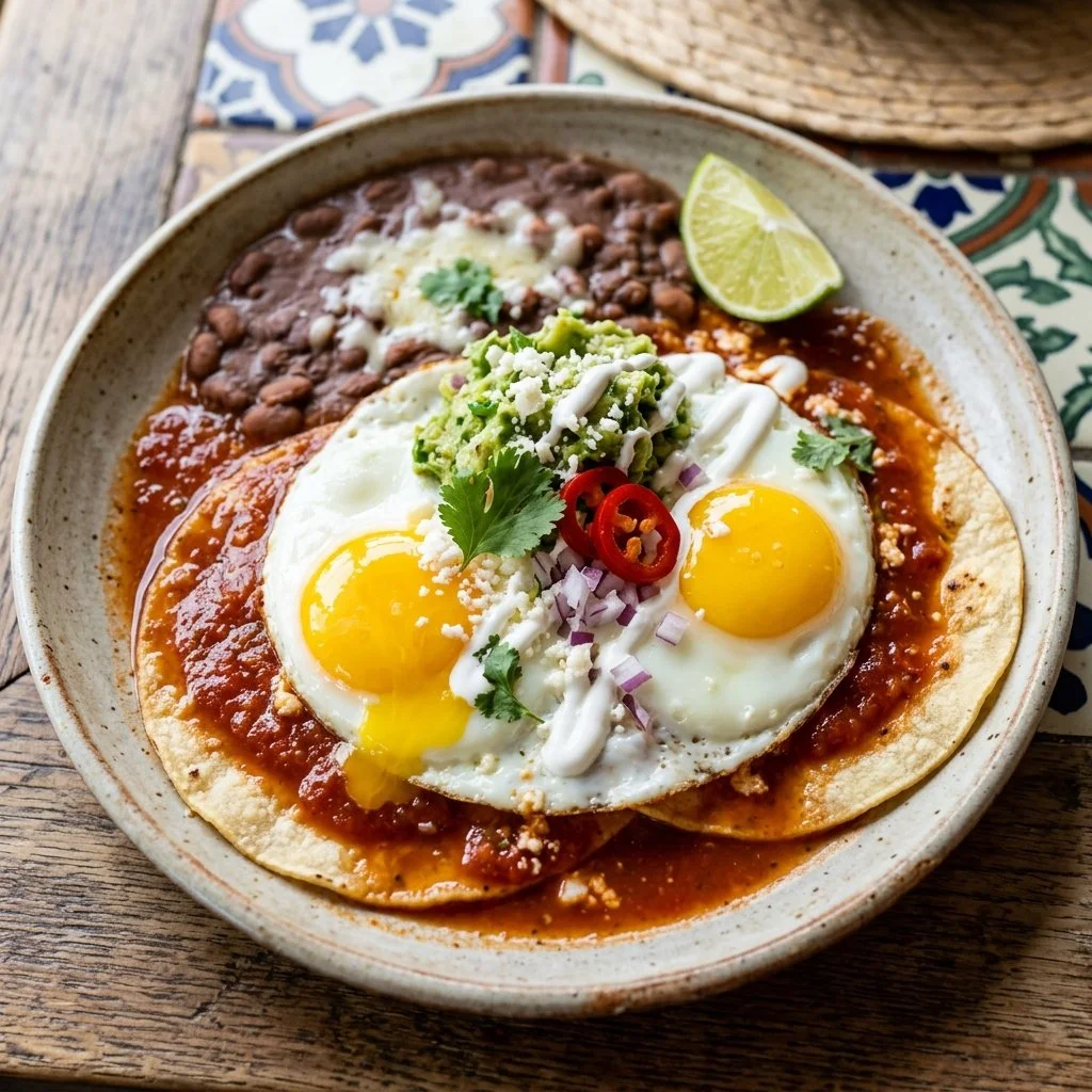 Huevos Rancheros with eggs, salsa, and tortillas on a colorful plate
