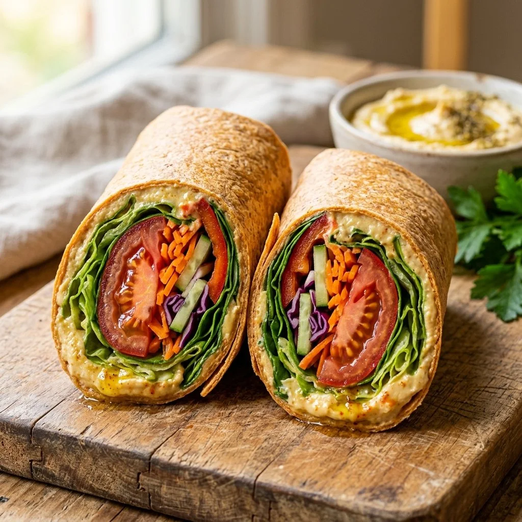 Hummus veggie wrap with colorful fresh vegetables
