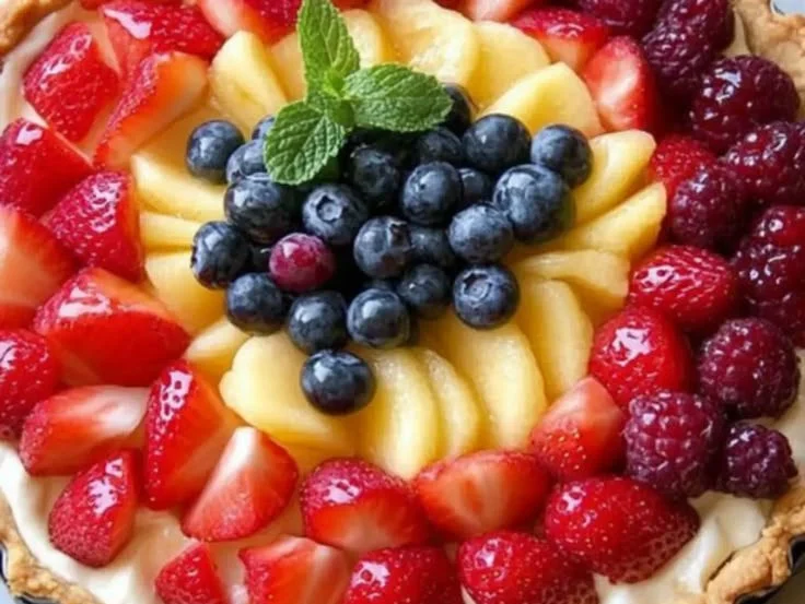 Ina Garten's fresh fruit tart topped with seasonal fruits and a buttery crust