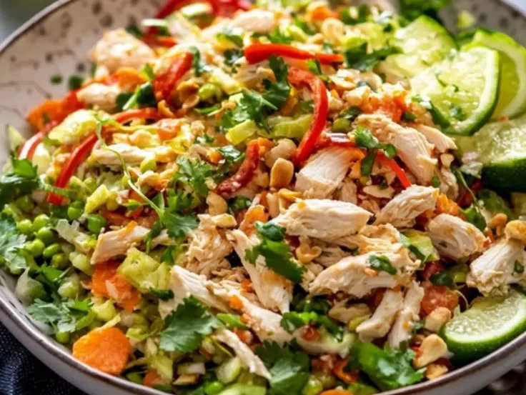 Indonesian Chicken Salad topped with Creamy Peanut Dressing served in a bowl