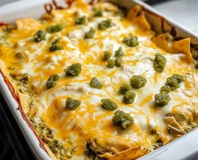 Irresistible salsa verde chicken casserole topped with cheese and fresh herbs
