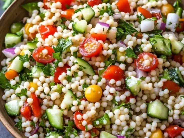 Israeli Couscous Salad with fresh vegetables and herbs