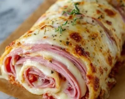 Delicious Italian Stromboli filled with meats and cheese, ready to serve.