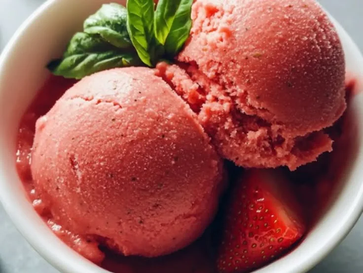 Delicious strawberry-basil sorbet in a bowl garnished with fresh basil leaves.