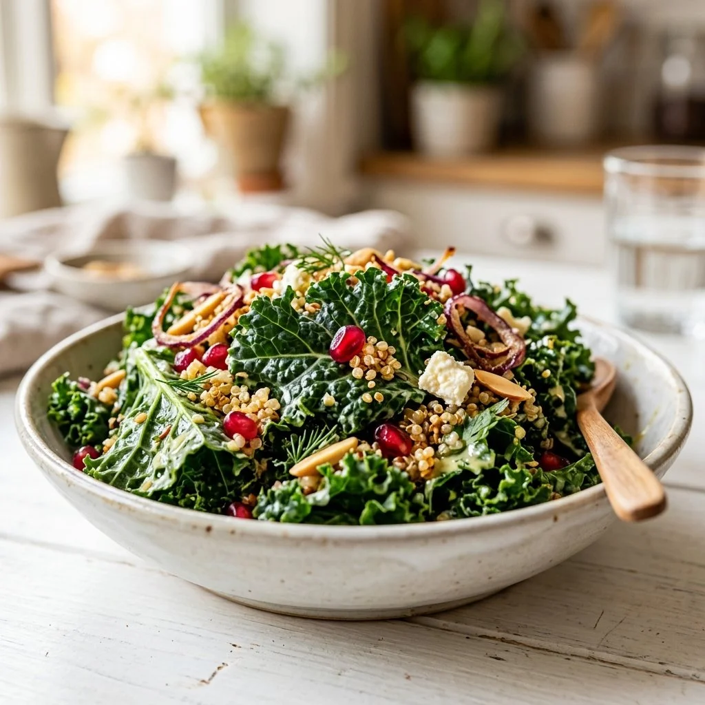 Fresh kale salad with colorful vegetables and dressing
