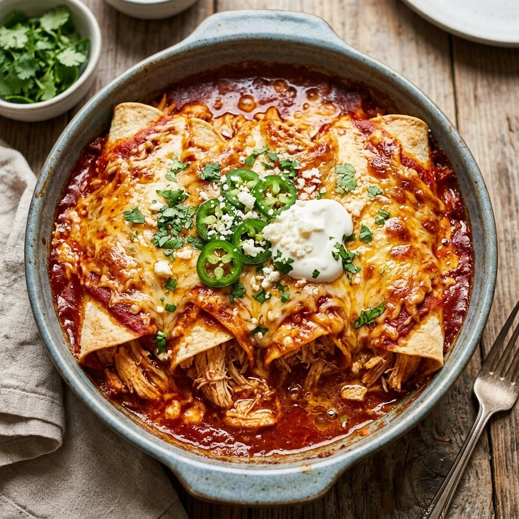 Keto Chicken Enchiladas served with avocado and cheese for a low-carb meal