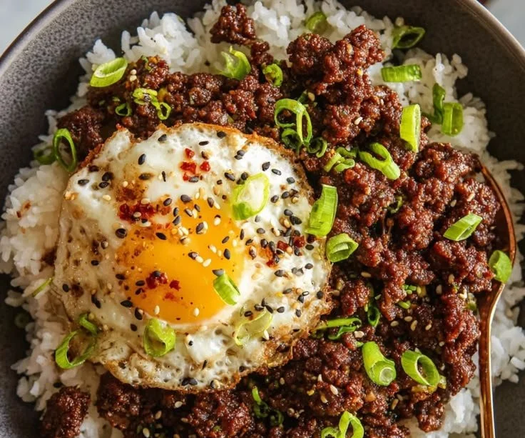 Korean Ground Beef Bowl with vegetables served in a bowl