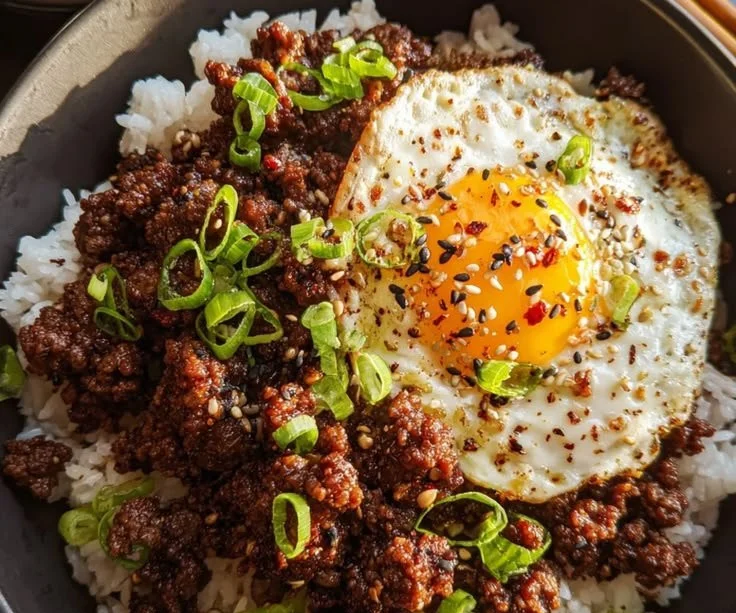 Healthy Korean Ground Beef Bowl served with rice and vegetables