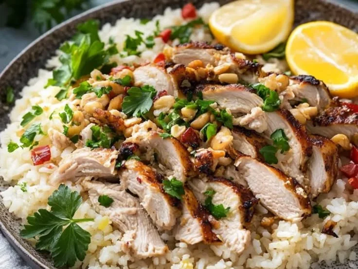 Plate of Lebanese Chicken served with rice and garnished with fresh herbs.