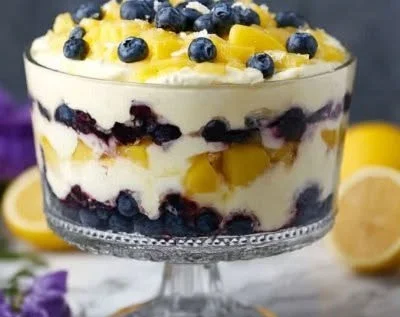 Fresh Lemon Blueberry Trifle with layers of cake, cream, and blueberries