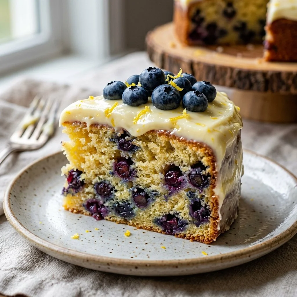 Delicious Lemon Blueberry Cake with fresh blueberries and lemon zest topping