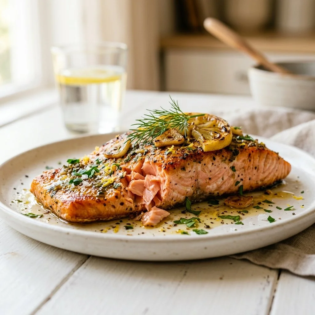 Lemon garlic salmon fillet garnished with fresh herbs