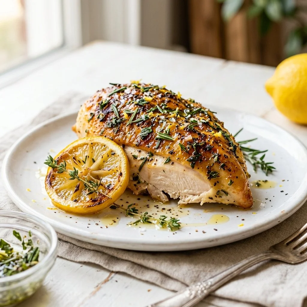 Lemon herb chicken plated with fresh herbs and lemon slices