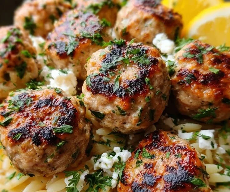 Plate of Lemon Orzo Chicken Meatballs garnished with herbs