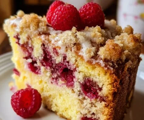 Lemon Raspberry Crumb Cake topped with lemon glaze, made with Greek yogurt.