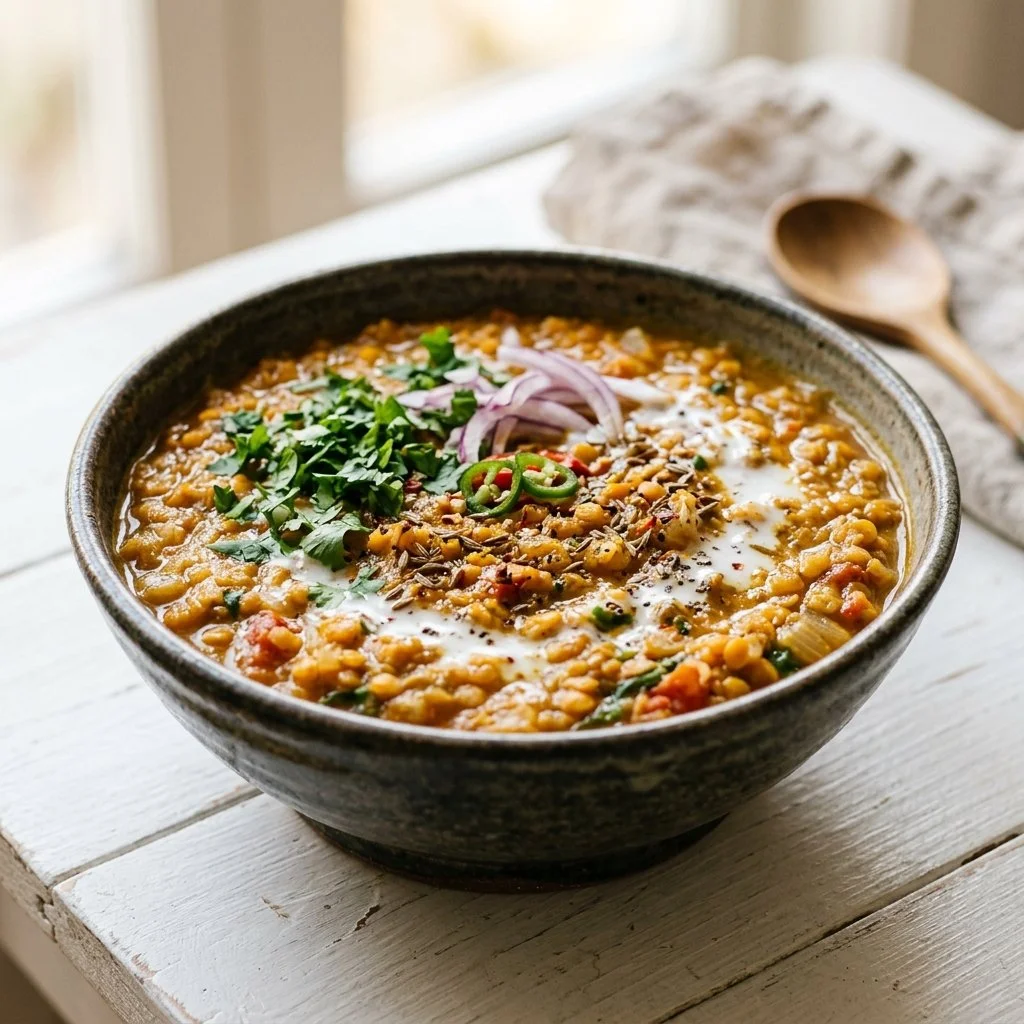 A vibrant bowl of homemade lentil curry served with rice and herbs