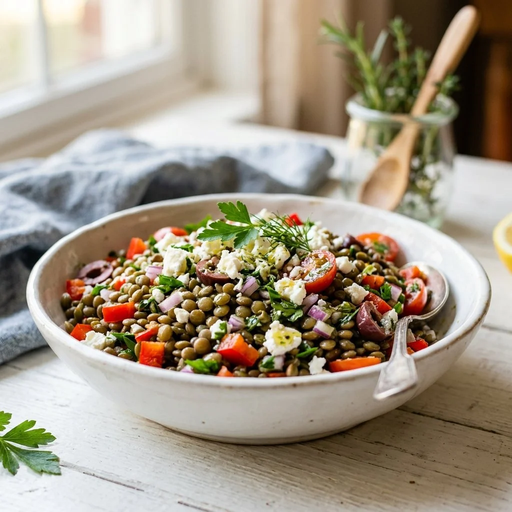 Colorful lentil salad with fresh vegetables and dressing