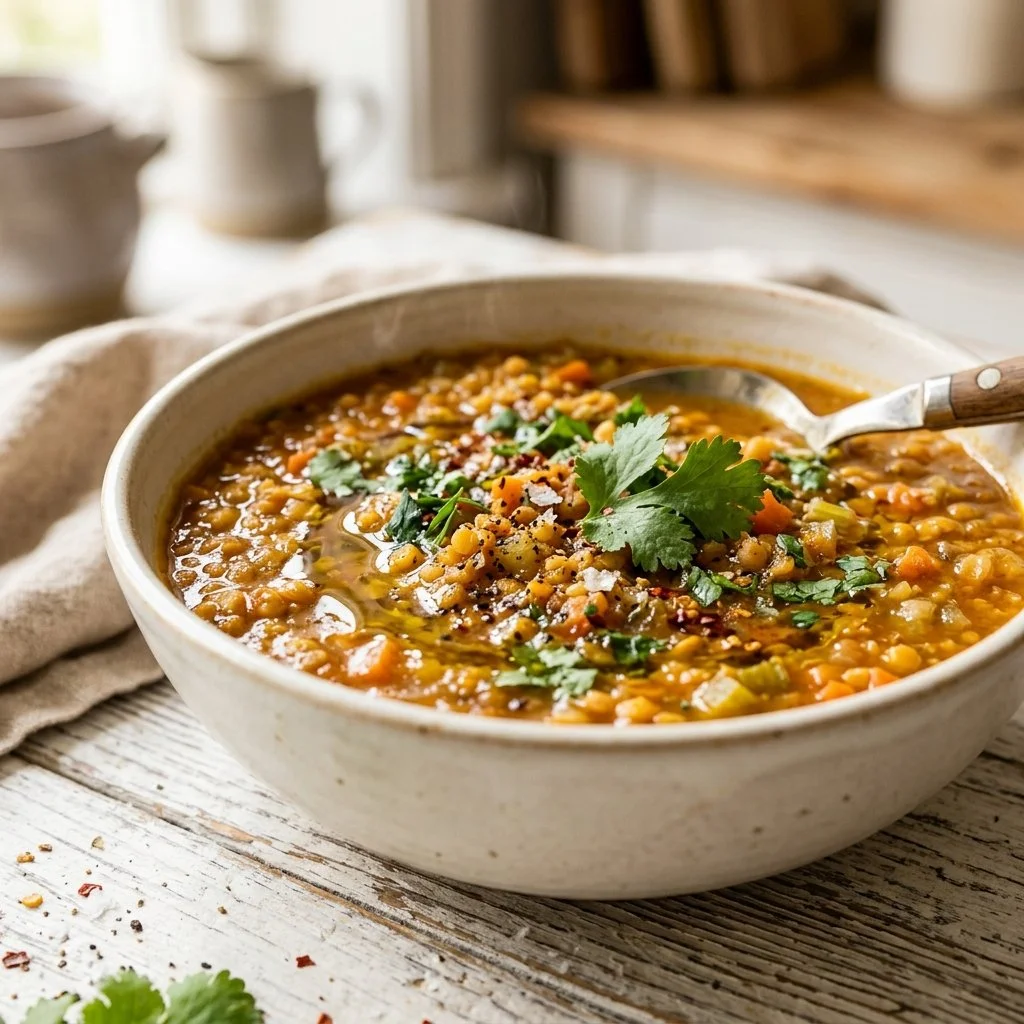 Bowl of homemade lentil soup with fresh herbs and ingredients.