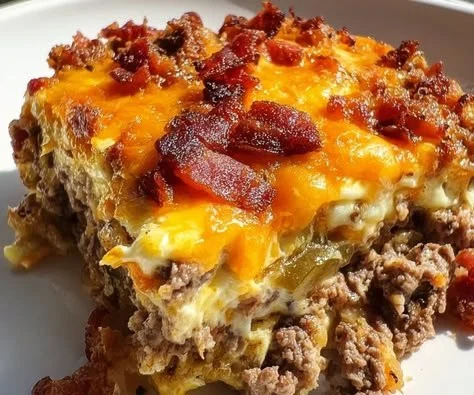 Low-carb bacon cheeseburger casserole served in a dish with toppings