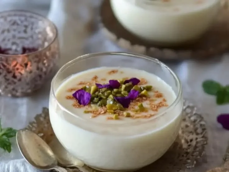Delicious Mahalabia, creamy Middle Eastern milk pudding served in a bowl.